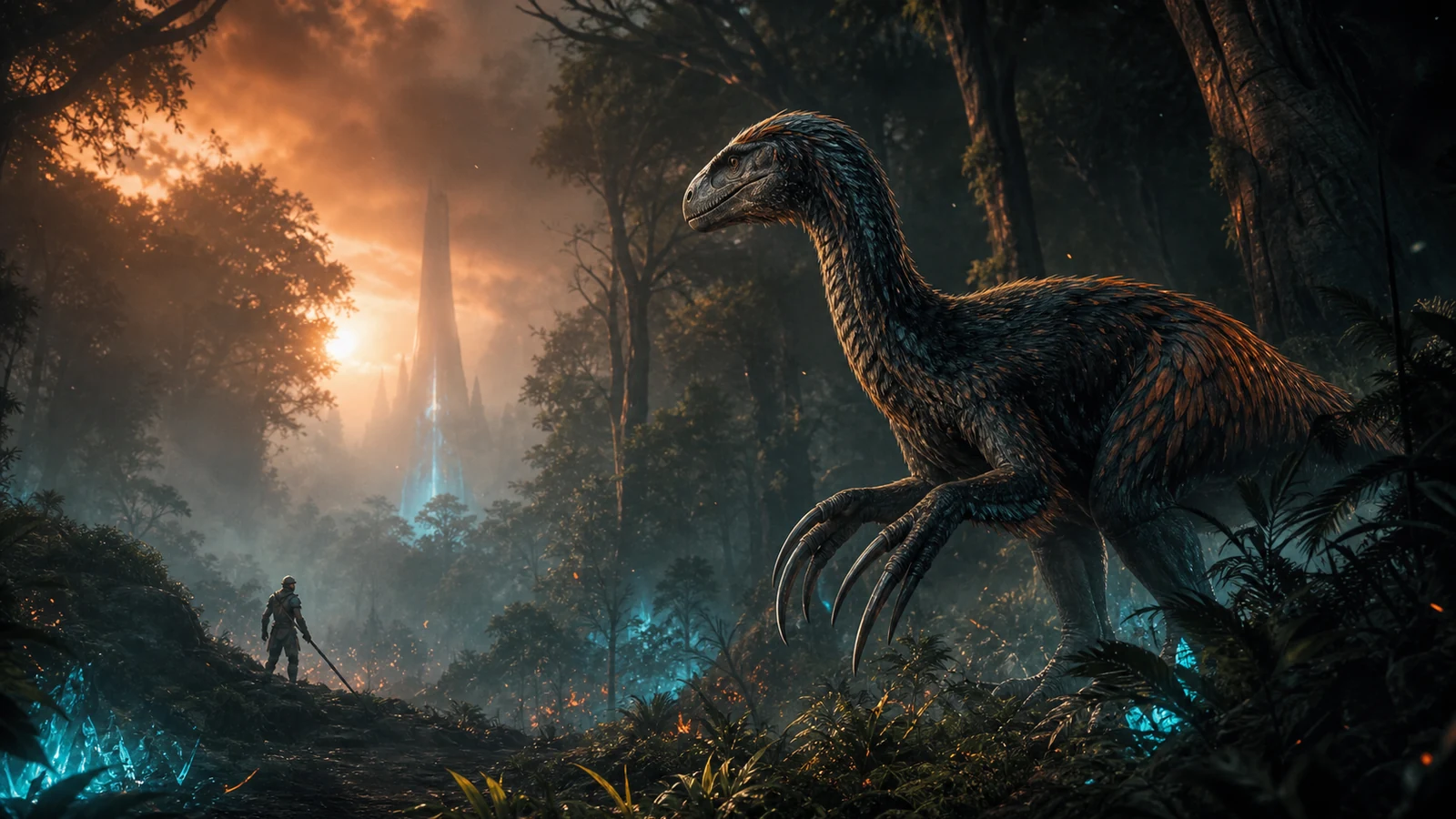 A feathered prehistoric creature and survivor in a primeval forest