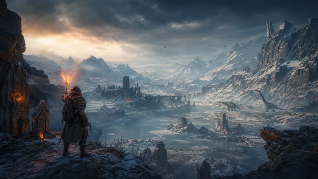 A survivor overlooking a frozen prehistoric mountain valley