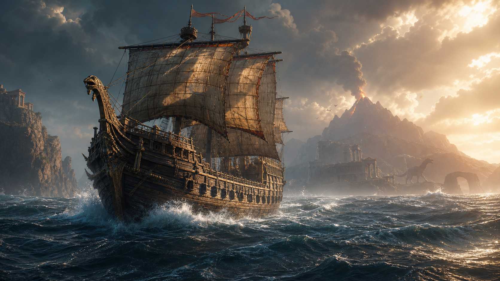 A massive wooden galleon sailing through rough seas near a volcanic island