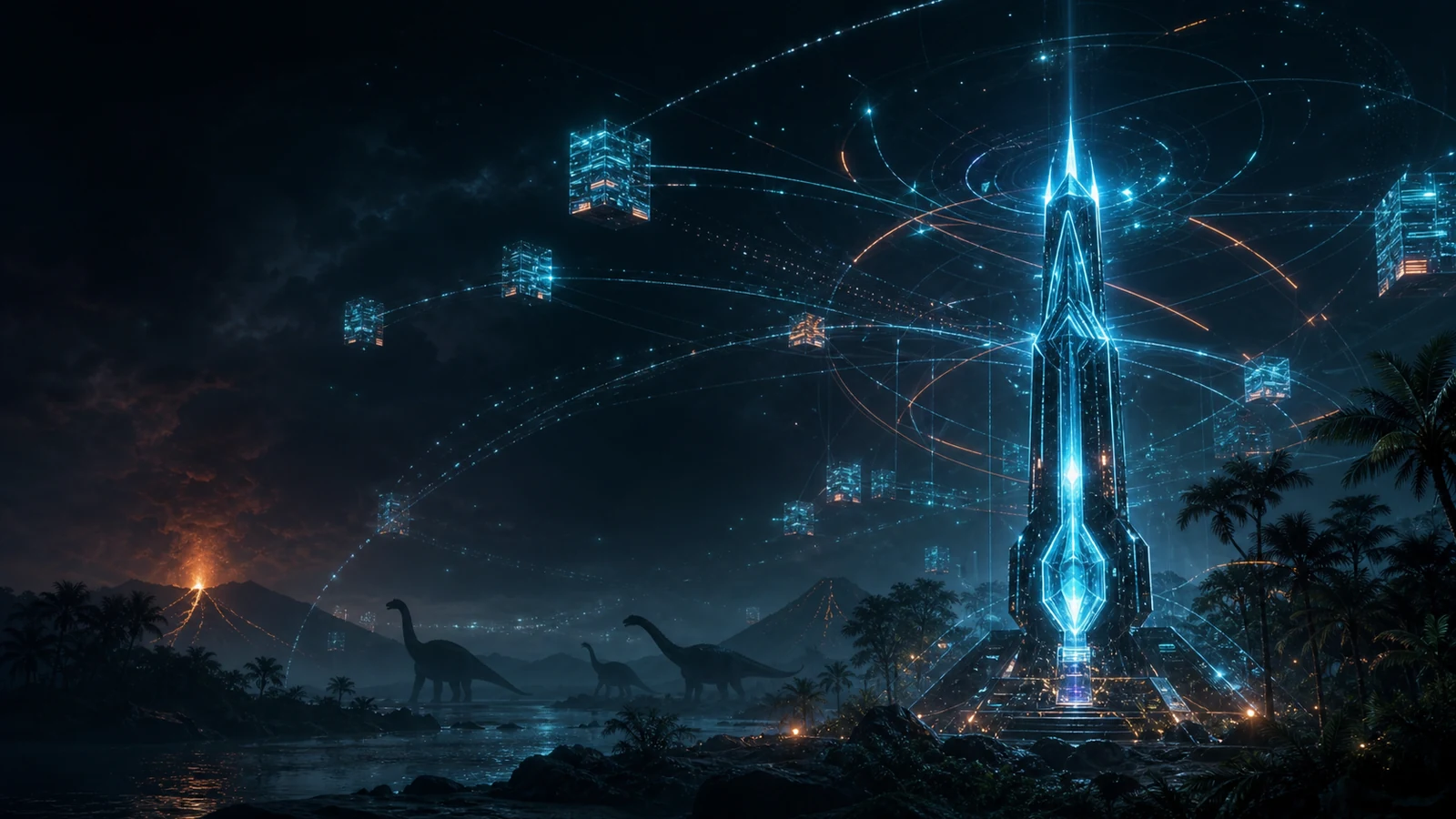 A glowing survival technology network above a prehistoric island