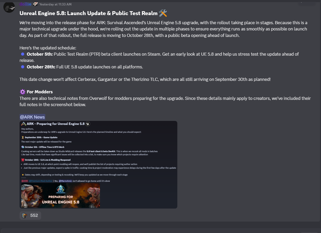 Dollie announces the October 5 Steam test and October 28 UE 5.8 release, with September 30 creatures unchanged.